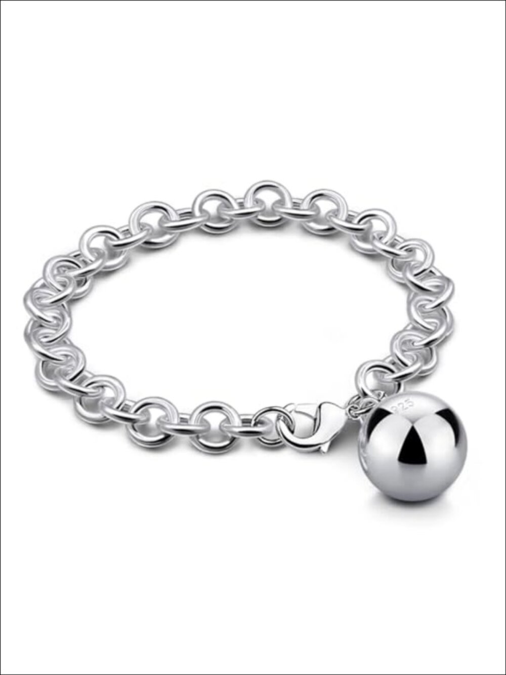 925 Sterling Silver Cable Link Bracelet Heart Bell Pendant Chain
